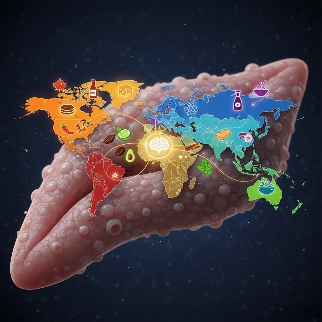 探索风格化为味蕾的独特世界地图,用代表典型成分和风味特征的图标突出显示不同地区。从拉丁美洲的辣椒到东亚的生姜和中东和北非的肉桂,这种创意可视化提供了一次全球烹饪之旅。