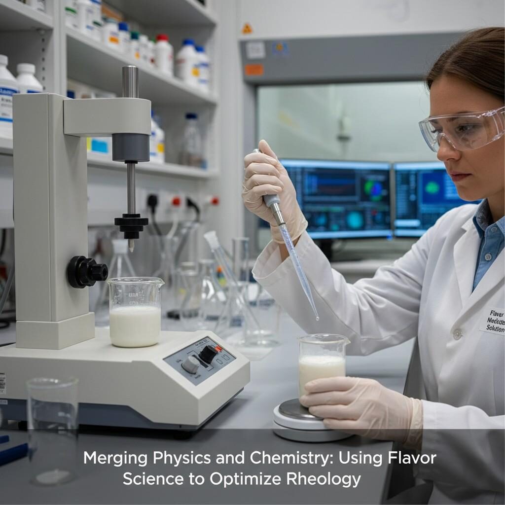 Découvrez comment les scientifiques des arômes fusionnent les principes de la physique et de la chimie pour optimiser la rhéologie alimentaire. Cette image montre un rhéomètre analysant la viscosité aux côtés d'un scientifique pipetant une solution de modulation de saveur dans du lait végétal, démontrant l'approche innovante visant à améliorer à la fois le goût et la texture des produits alimentaires.