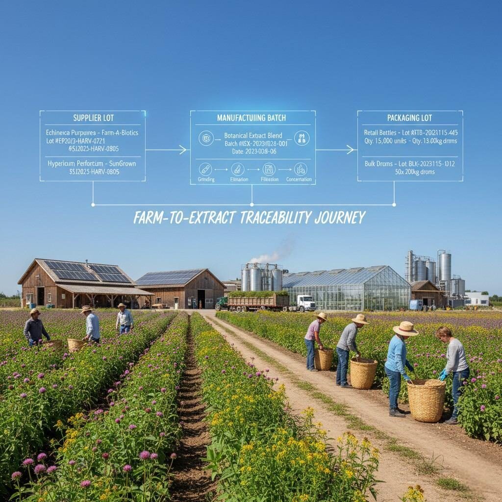 Изучите комплексный путь отслеживания растительных веществ от фермы до экстракта. Это изображение визуально связывает партии поставщиков, производственные партии и партии упаковки, демонстрируя подробную документацию и процессы на предприятии по сбору и переработке ботанических растений, чтобы обеспечить прозрачность и контроль качества.