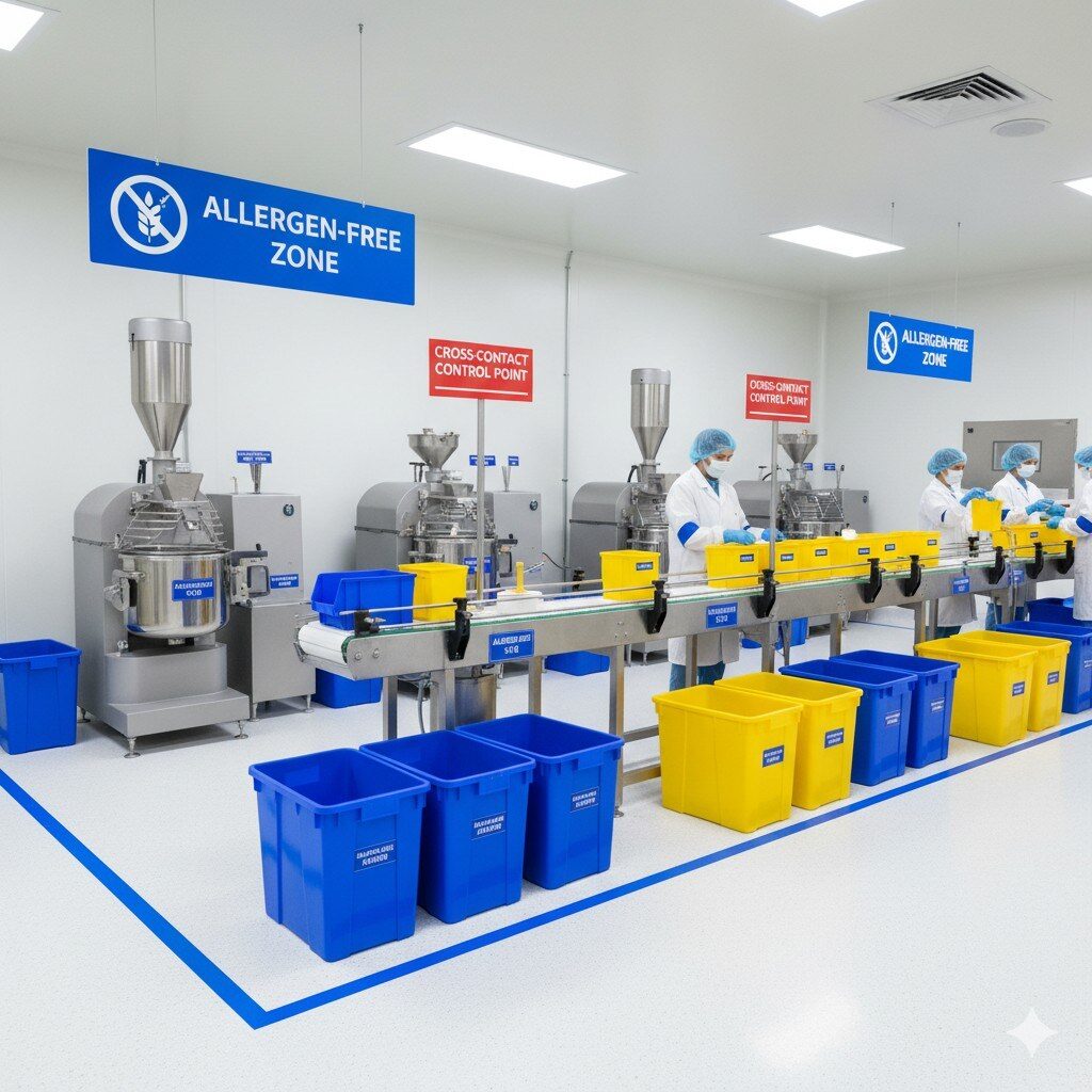 A photograph of a flavor production line featuring a dedicated allergen-free zone.它突出显示了颜色编码的蓝色和黄色垃圾箱、隔离设备和醒目的标牌，以加强清洁制造环境中的流程分离和交叉接触控制。