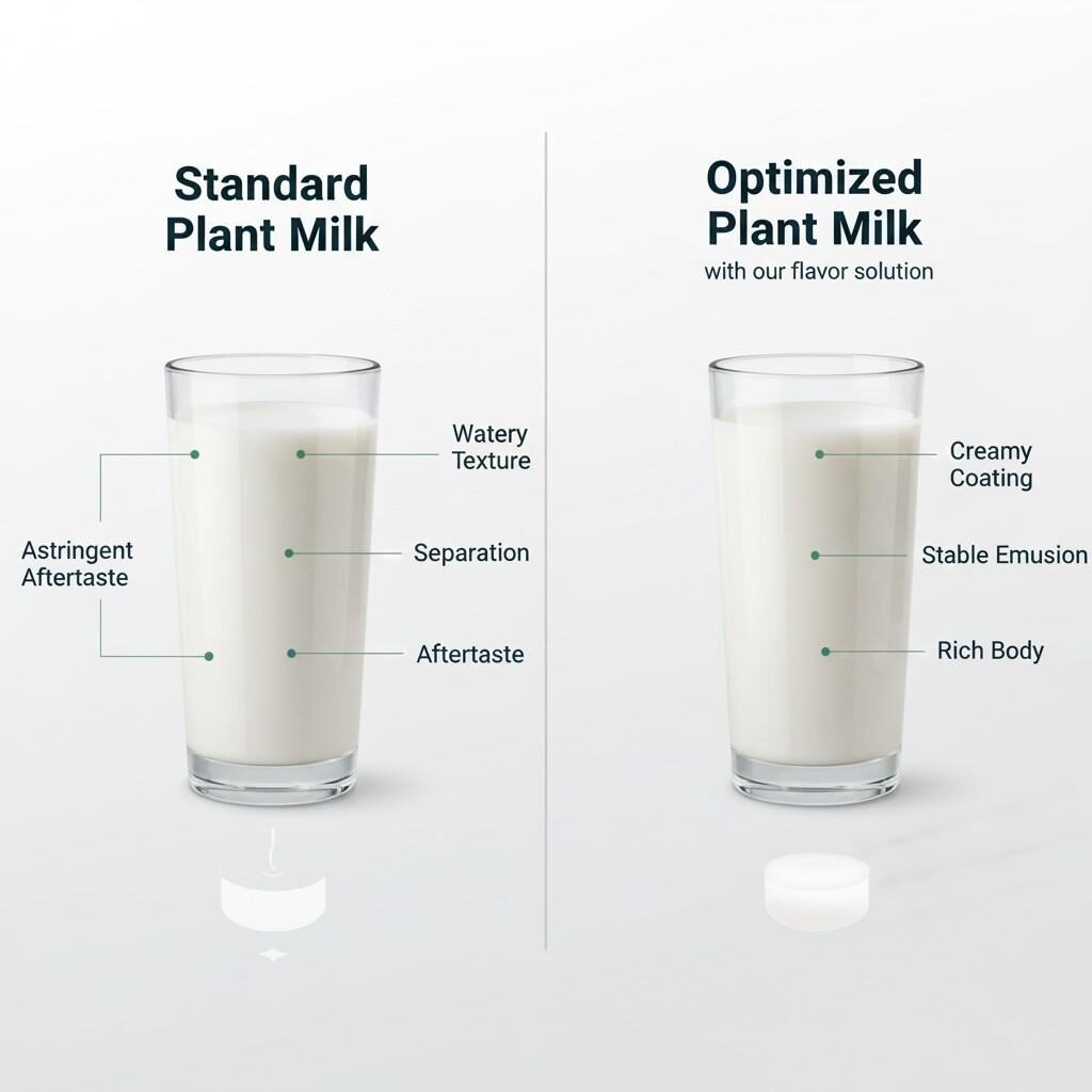 Cette infographie compare visuellement les attributs sensoriels du lait végétal standard avec le lait végétal optimisé à l'aide d'une solution aromatique spécialisée. Mettant en évidence les améliorations de la texture de aqueuse à crémeuse, la stabilité améliorée de l'émulsion et un corps plus riche, il démontre comment des solutions ciblées peuvent surmonter des défis courants tels que la séparation et les arrière-goûts astringents dans les boissons à base de plantes.