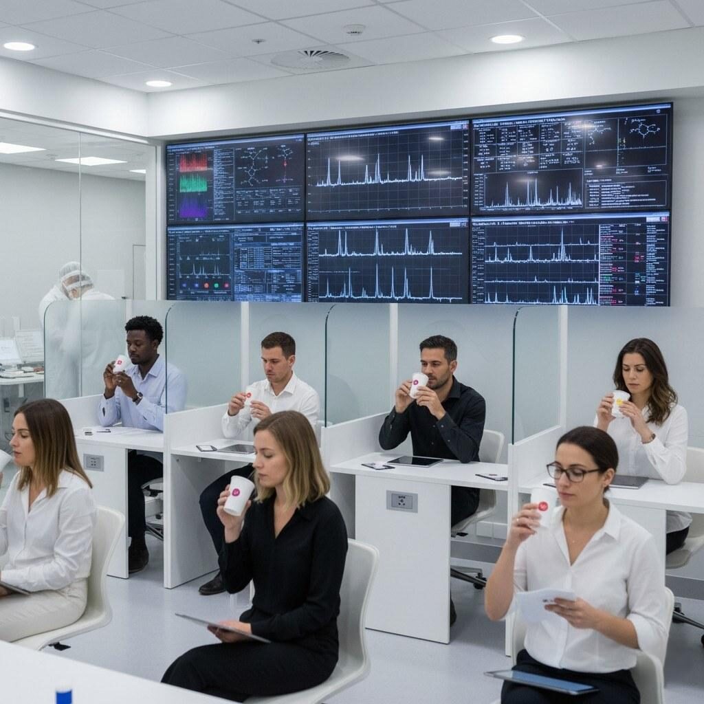 Une photo perspicace capture un panel sensoriel effectuant avec diligence des tests de goût à l'aveugle à l'aide de gobelets d'échantillons codés, avec des données GC-MS (Chromatographie en phase gazeuse – Spectrométrie de masse) affichées sur des écrans en arrière-plan, illustrant la précision scientifique derrière l'évaluation des aliments et des boissons.