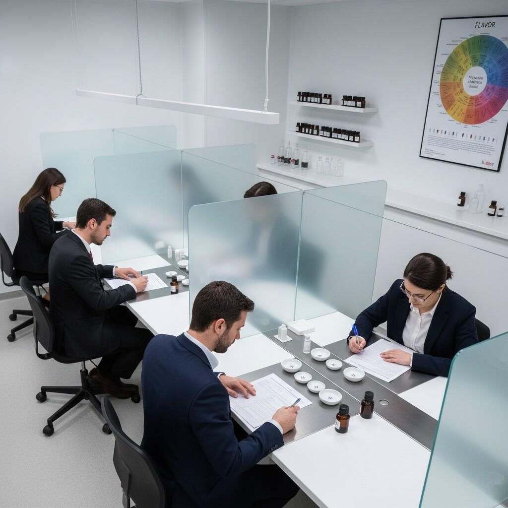 Una imagen de una instalación de evaluación sensorial profesional donde panelistas capacitados realizan análisis descriptivos, calificando meticulosamente productos utilizando formas estandarizadas y referencias de aromas en un ambiente controlado para garantizar una evaluación de sabor precisa y objetiva.