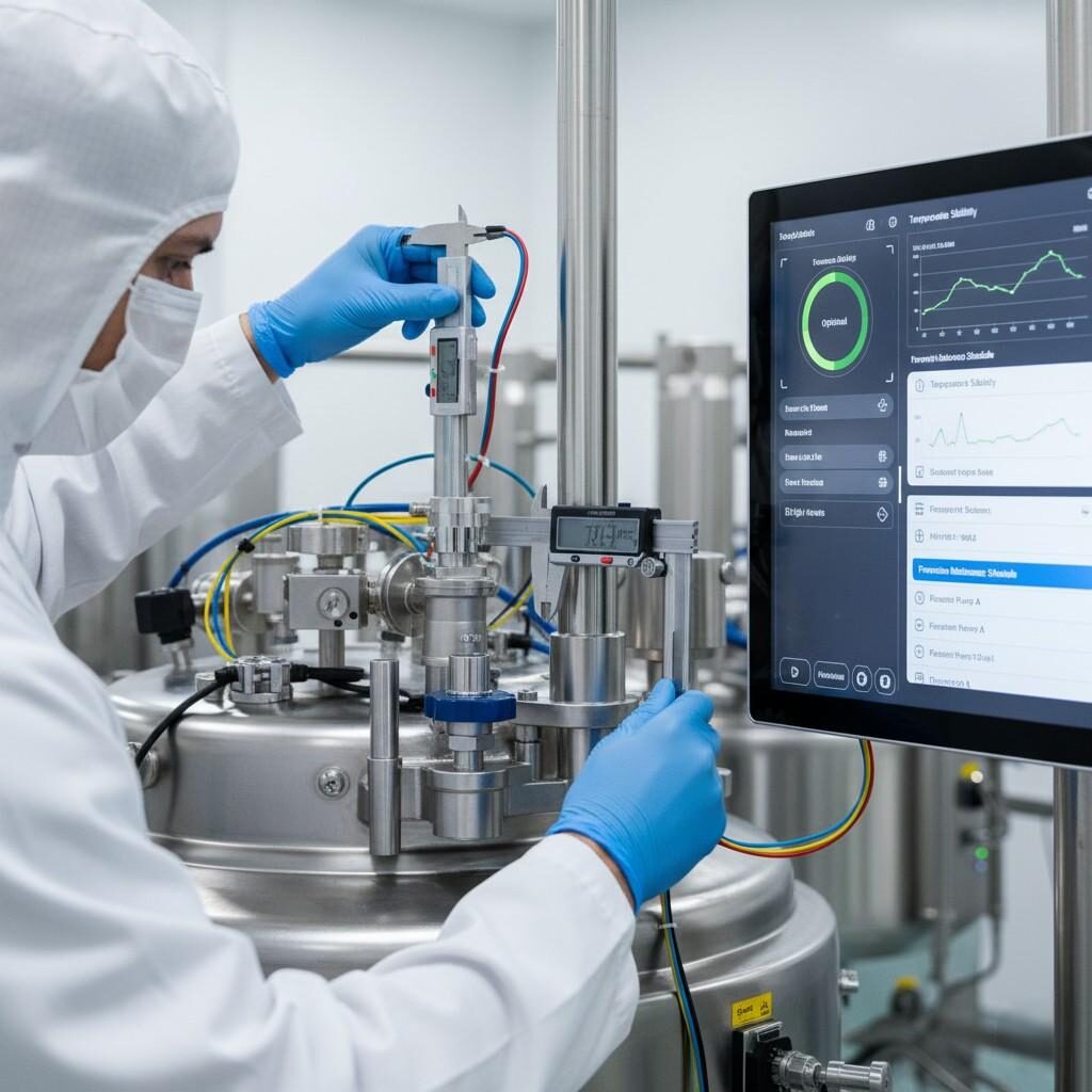 特写图片显示一名身穿实验室外套、戴着手套的技术人员正在仔细检查和校准调味设备。附近的控制屏幕显着地显示数字仪表板和传感器数据,强化了预测性维护、物联网集成和实时监控在现代风味生产中的关键作用,以提高效率并减少停机时间。