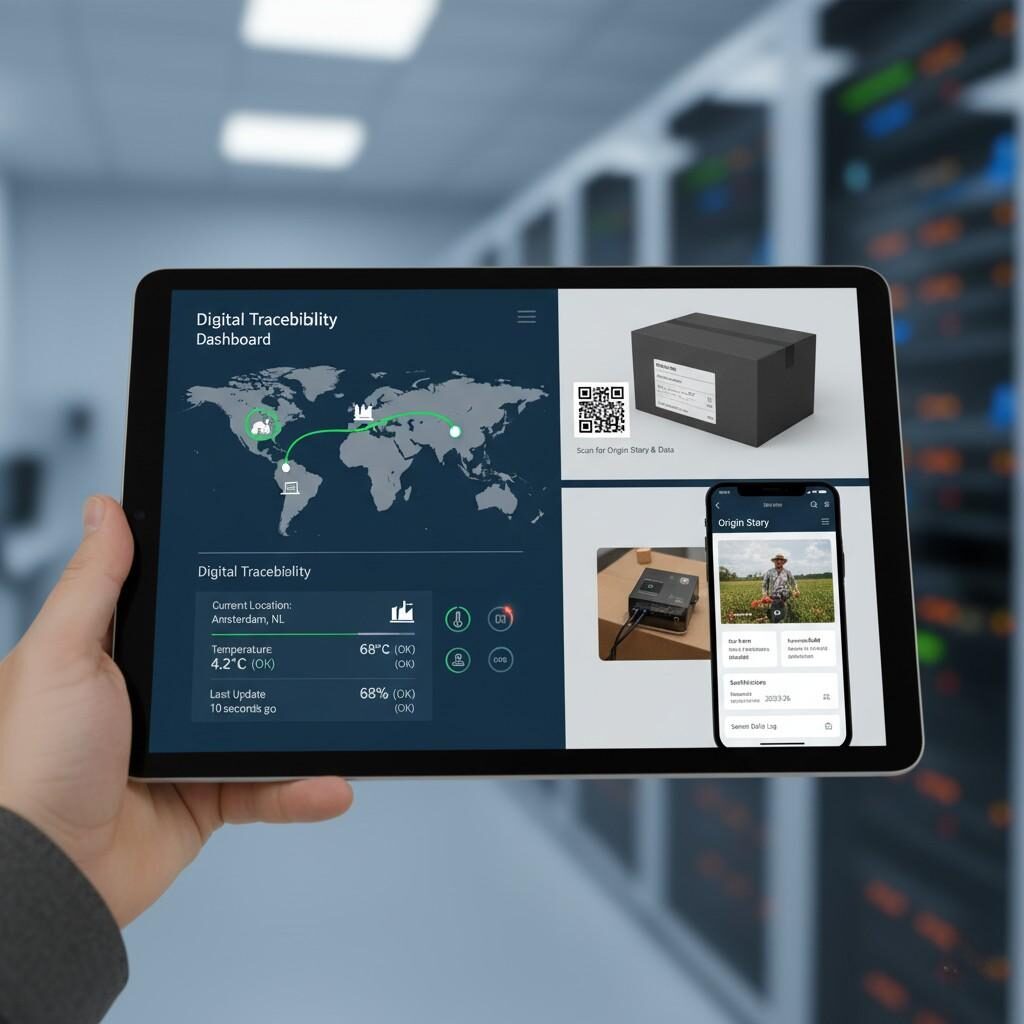 Откройте для себя передовые технологии, обеспечивающие отслеживание современной цепочки поставок. На этом изображении представлена ​​цифровая панель отслеживания с данными датчиков Интернета вещей в реальном времени, QR-код на упаковке, связывающий историю происхождения продукта, подчеркивающий передовые инструменты, используемые для повышения прозрачности и отслеживания пути от фермы к потребителю.