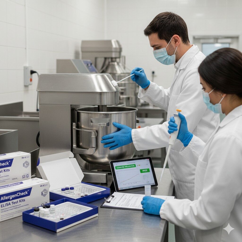 Discover best practices for allergen residue testing and cleaning validation in food manufacturing.该图展示了使用 ELISA 或 PCR 测试套件对设备表面进行擦拭和分析，以确保有效清洁并增强食品安全方案。