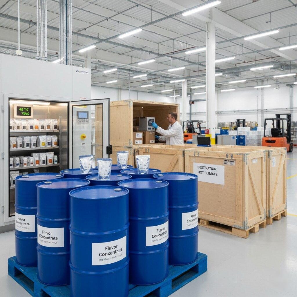 Une image présentant les aspects critiques du stockage et de la distribution des concentrés d'arômes, comprenant des fûts à barrière, une chambre de stabilité étiquetée « 40 °C/75 % HR » et des caisses d'expédition préparées pour les destinations à climat chaud, mettant l'accent sur l'impact de l'emballage et de la logistique sur la stabilité du produit.