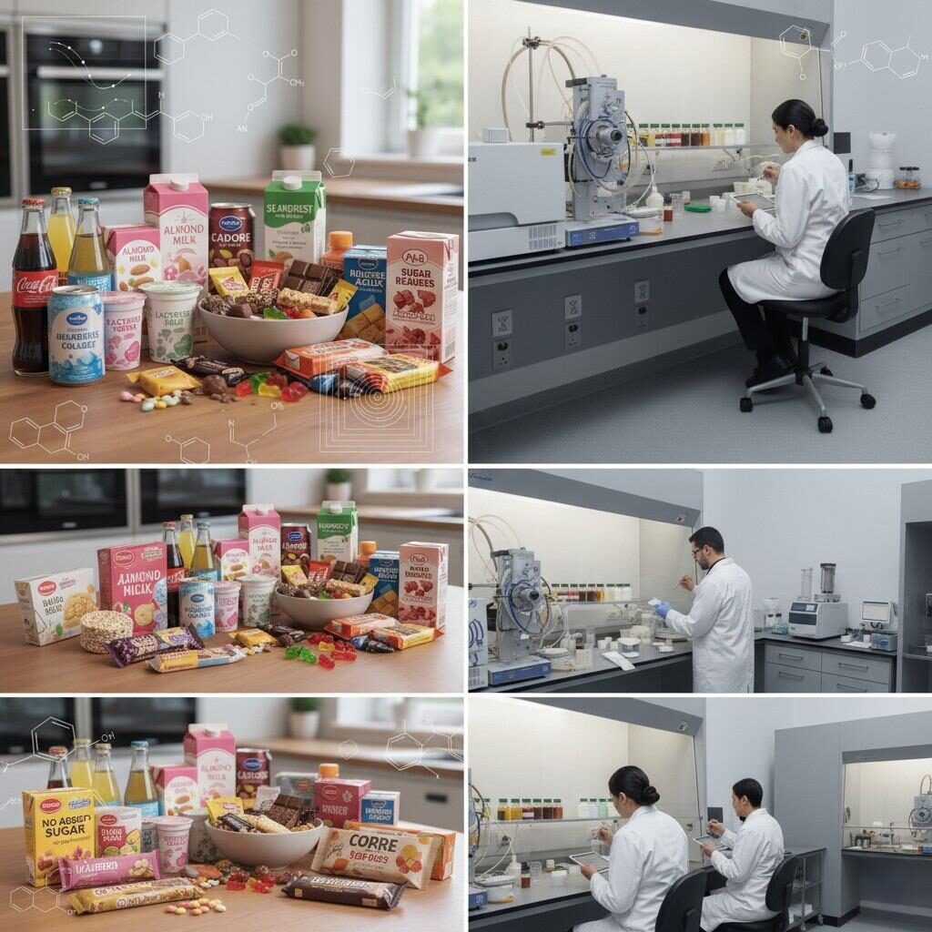 减糖产品、食品创新、实验室研发、食品科学、饮料、零食、乳制品、风味开发、GC-MS、感官评价、食品技术、产品开发、化学分析、味道科学、食品研究、减糖、食品工业、科学研究、产品测试、市场趋势