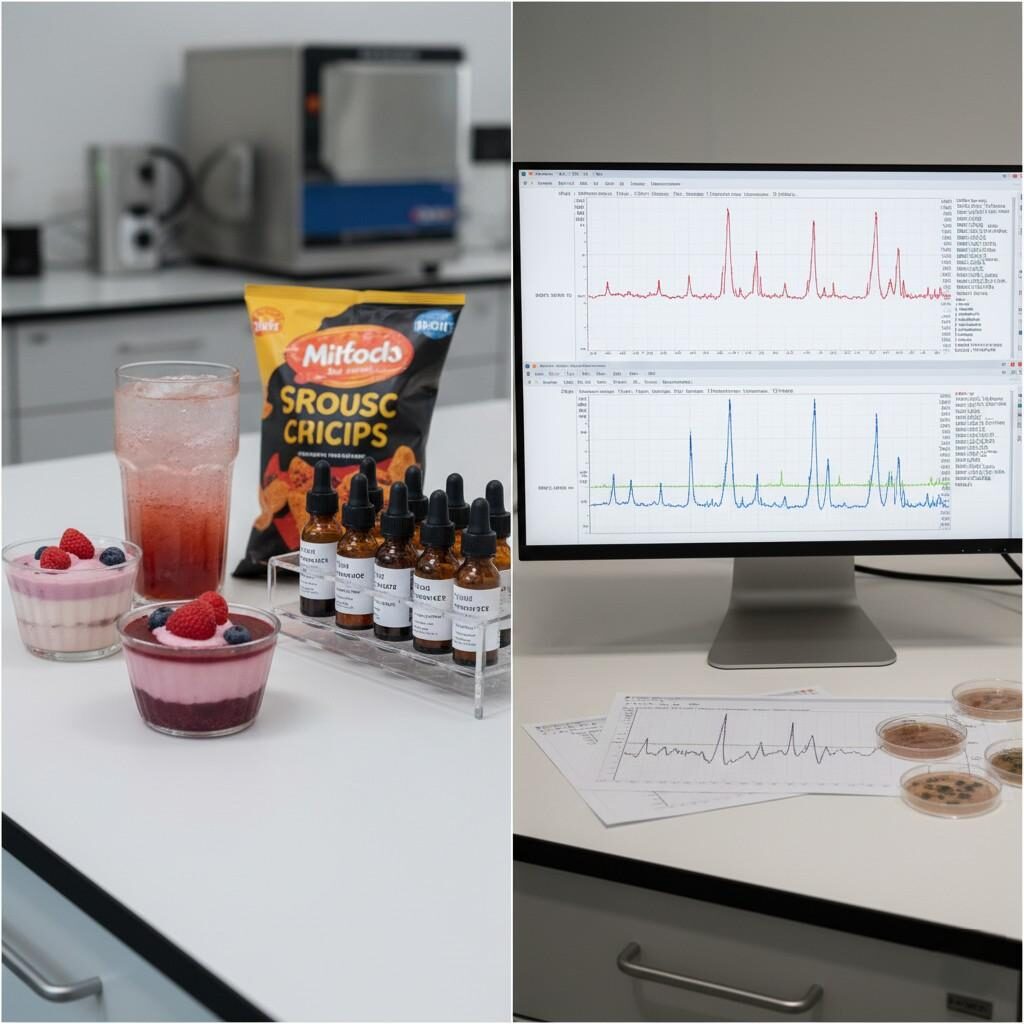 这幅引人注目的拼贴画在视觉上连接了风味开发的旅程,展示了各种风味成品(包括饮料、甜点和零食)以及其创作中使用的科学工具。它具有含有风味提取物的实验室小瓶和详细的 GC-MS 色谱图,突出了将美味风味从实验室推向市场所涉及的精确度和创新。