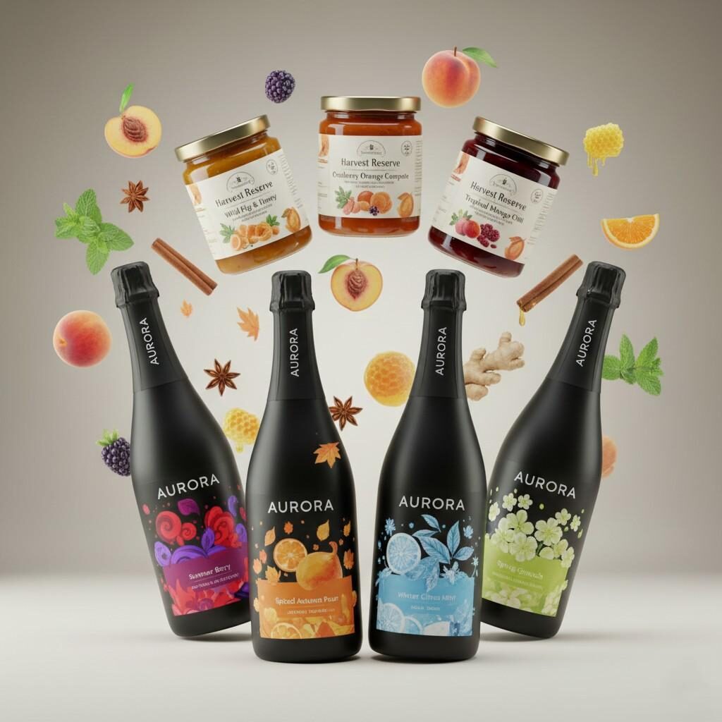 Un rendu de produits dynamique et professionnel présentant une gamme passionnante de boissons et de produits alimentaires. L'image présente un assortiment dynamique de saveurs saisonnières, un emballage accrocheur et des illustrations d'arômes colorées, idéales pour le marketing et la visualisation des produits.