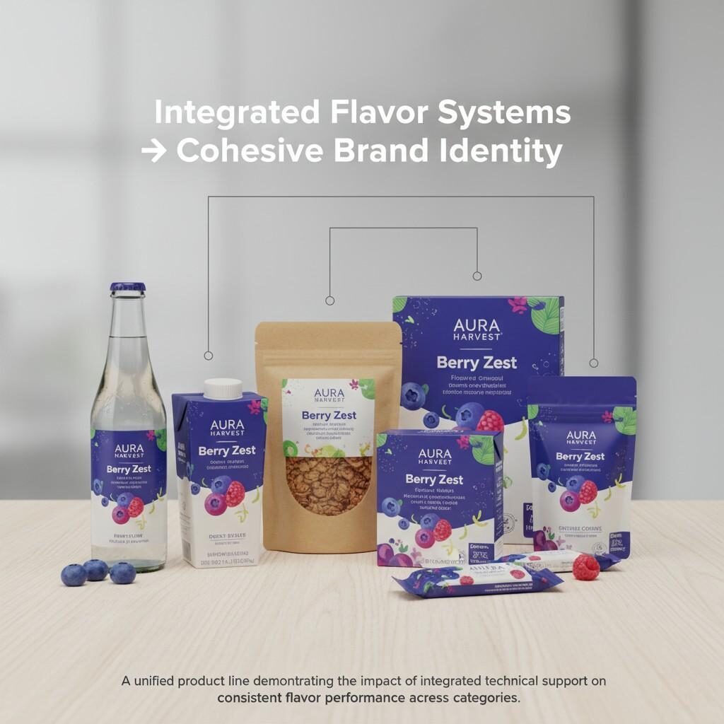 Una representación visual de una línea diversa de productos que incluye bebidas, lácteos, productos de panadería y refrigerios, que demuestra cómo los sistemas de sabor consistentes y el soporte técnico integrado impulsan una identidad de marca fuerte y cohesiva en múltiples categorías de alimentos, garantizando un rendimiento de sabor consistente.