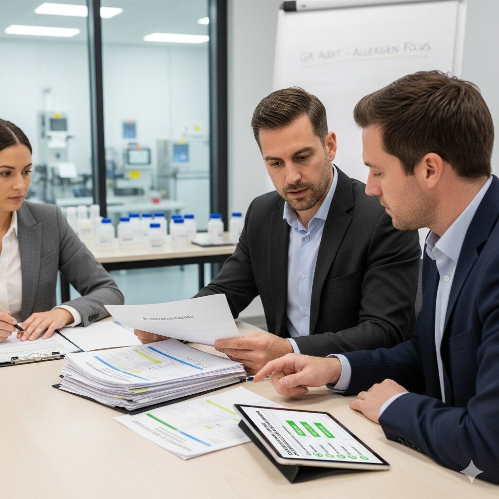 拍摄风味供应商审核或 QA 会议的专业照片，展示对批次文件的彻底审查，重点关注食品行业供应链中的过敏原控制和协作客户保证。