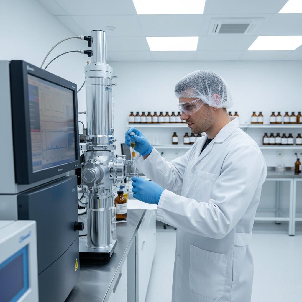  A laboratory technician meticulously analyzes natural flavor extracts using a GC-MS instrument under bright, sterile lighting. This image symbolizes the scientific precision and commitment to product safety inherent in the analysis of natural flavor ingredients.