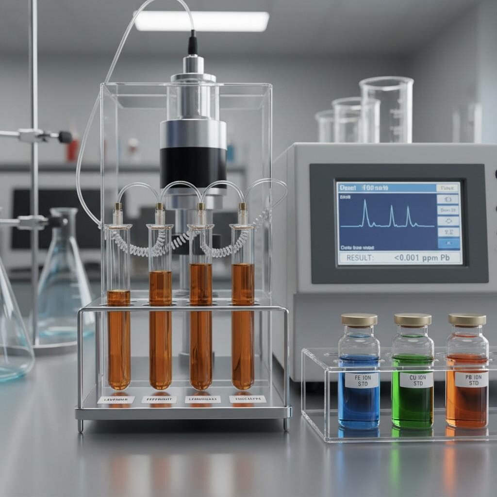 :A detailed macro photograph capturing laboratory instruments analyzing essential oil samples for heavy metal residues. The image showcases labeled test tubes containing essential oils, alongside metallic ion calibration standards, highlighting the precision and scientific rigor involved in ensuring product purity.