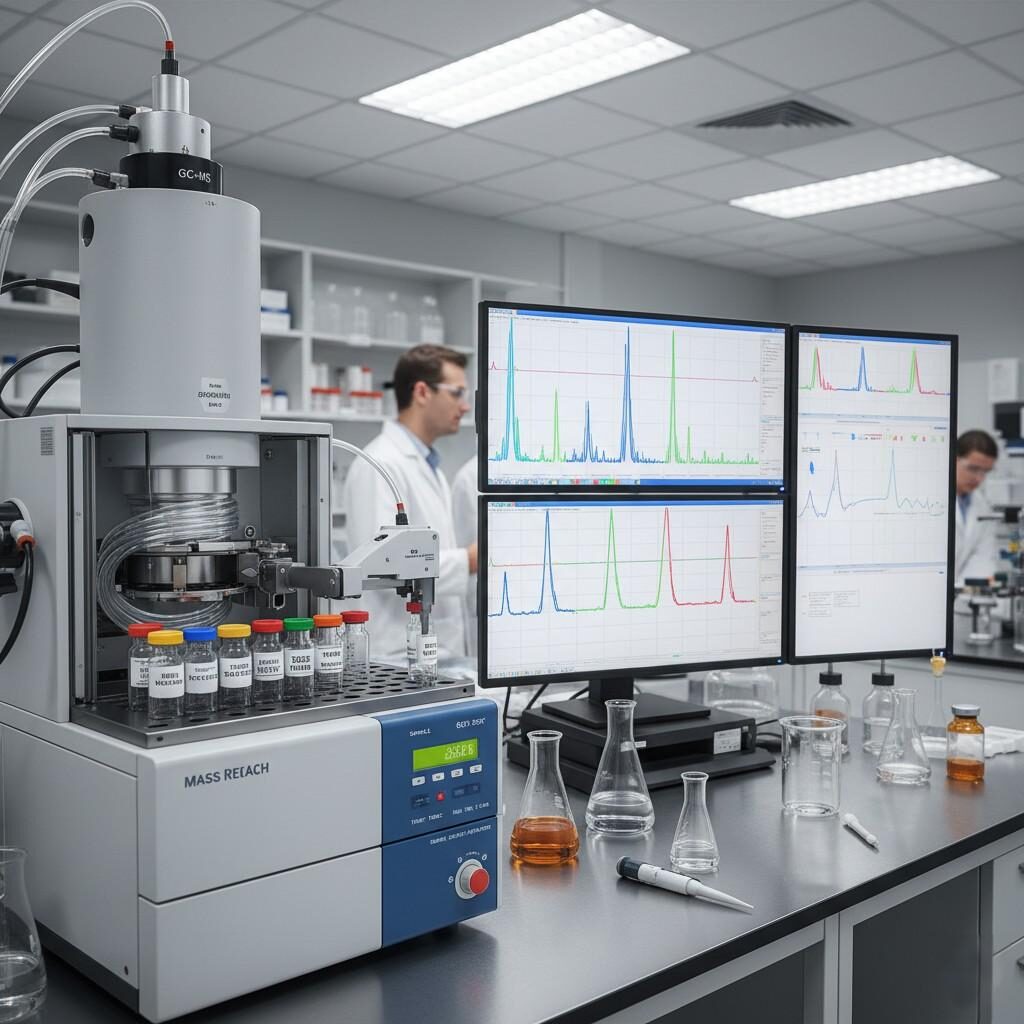 Explore a high-resolution photo of a cutting-edge flavor laboratory setup, showcasing Gas Chromatography-Mass Spectrometry (GC-MS) instruments actively analyzing liquid flavor samples. The image features labeled vials, digital data screens displaying chromatographic results, and lab personnel, highlighting advanced analytical processes in flavor development and quality control.