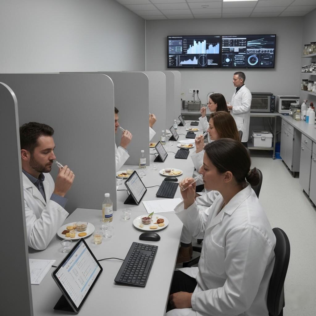 A high-quality image of a modern sensory evaluation laboratory, showcasing professionals in white coats conducting structured taste tests with aroma vials, individual testing booths, and digital data tools. Ideal for illustrating food science research, product development, and quality control processes.