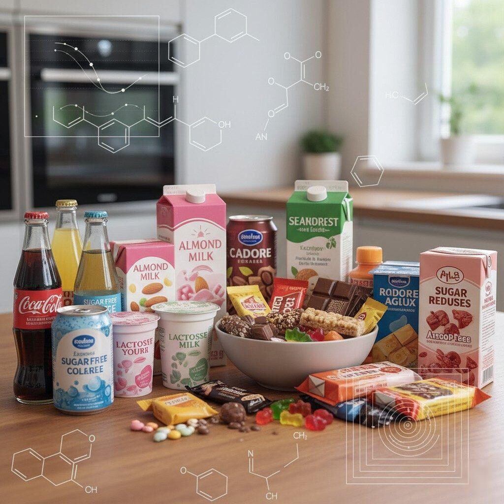 A high-quality photograph showcasing a variety of sugar-reduced beverages, dairy products, and confectionery items arranged on a kitchen table. Faint overlays of chemical structures and sensory analysis charts are visible, highlighting the scientific and technological aspects behind these food innovations. This image is perfect for illustrating topics related to healthy eating, food science, and the development of low-sugar products.