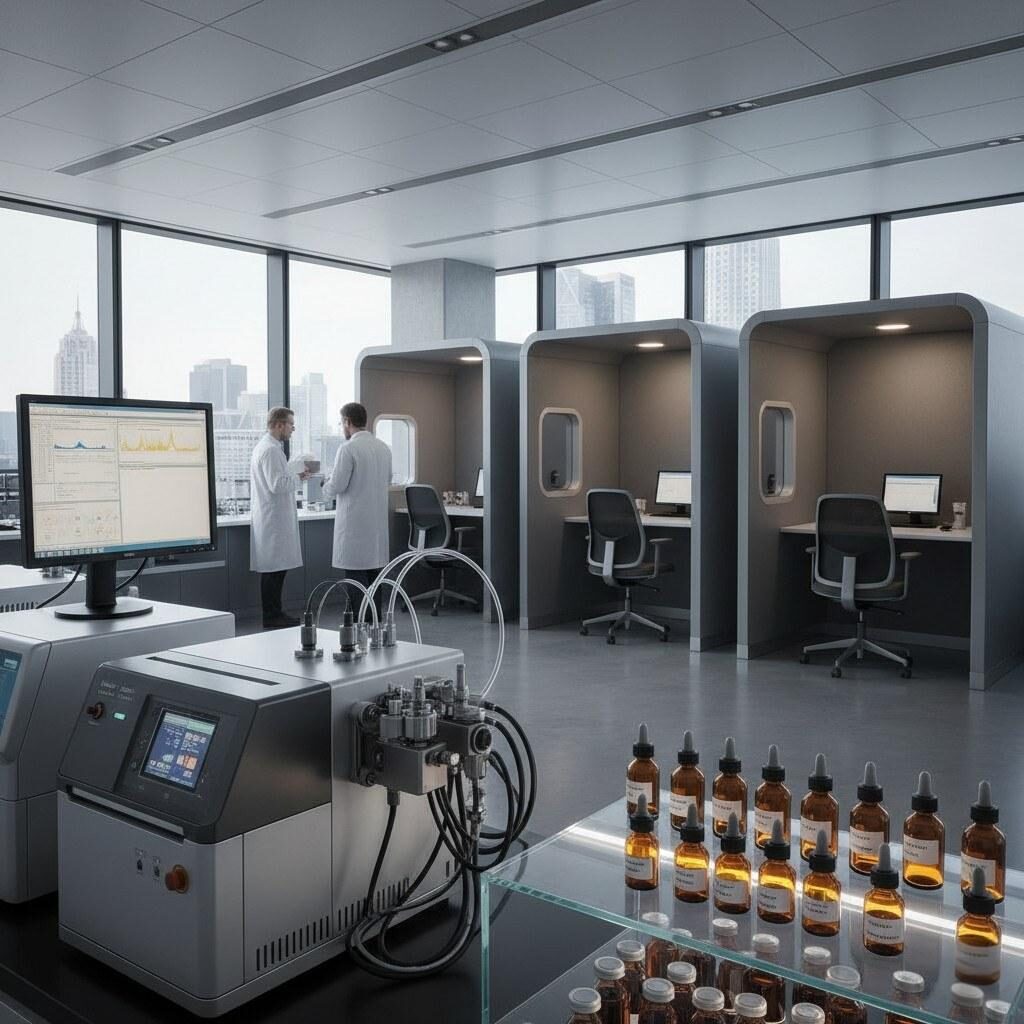 Explore a high-resolution image of a cutting-edge flavor R&D laboratory. This modern facility showcases advanced GC-MS equipment for precise analysis, various aroma extract vials for experimentation, and dedicated sensory booths for taste and smell evaluations, perfect for food science and flavor development insights.