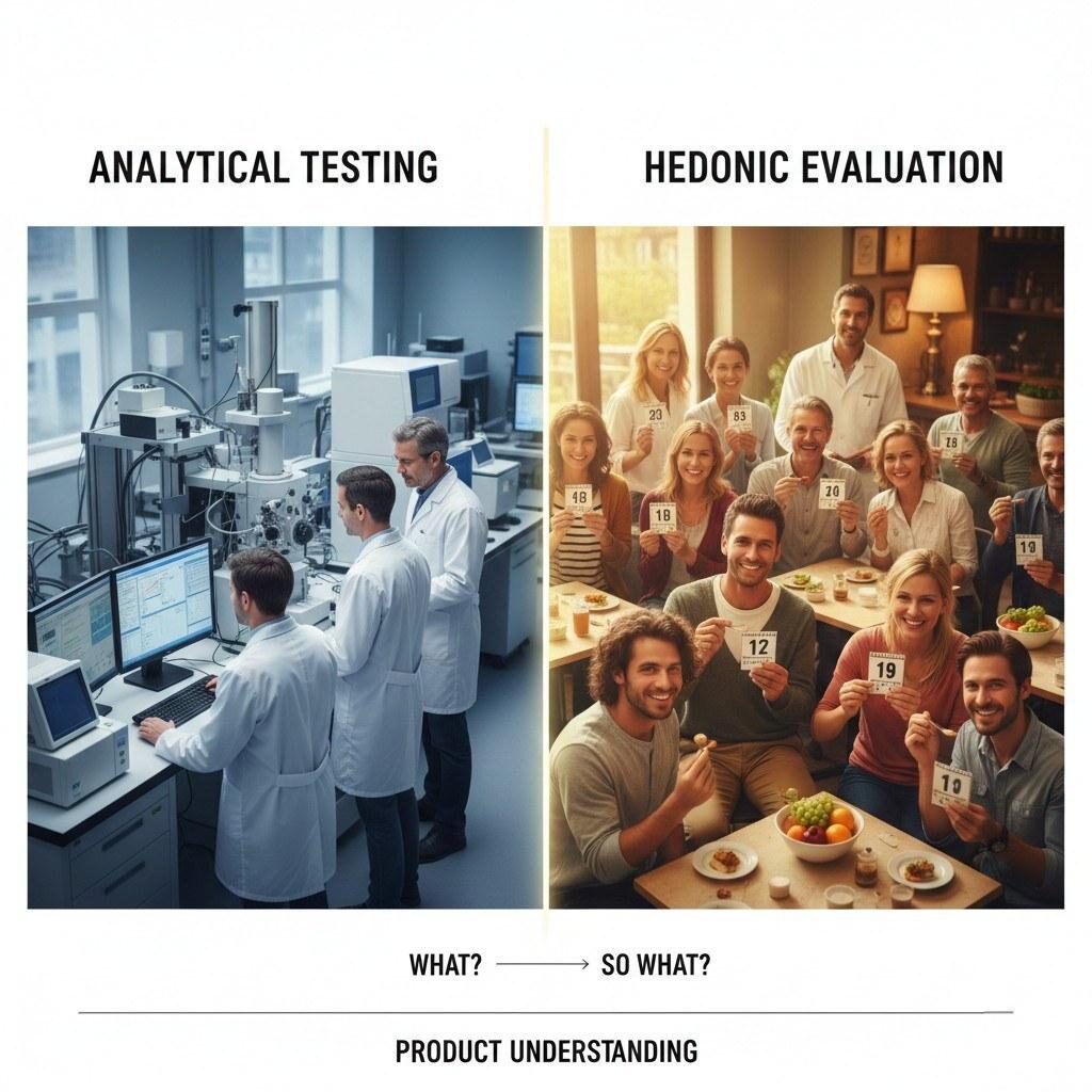 This graphic illustrates the key differences between analytical testing, which uses precise instruments and professional evaluators in a lab setting to determine "what" a product is, and hedonic evaluation, which gathers feedback from a diverse group of consumers in a relaxed environment to understand "so what" they feel about the product. Both methods are crucial for comprehensive product understanding.
