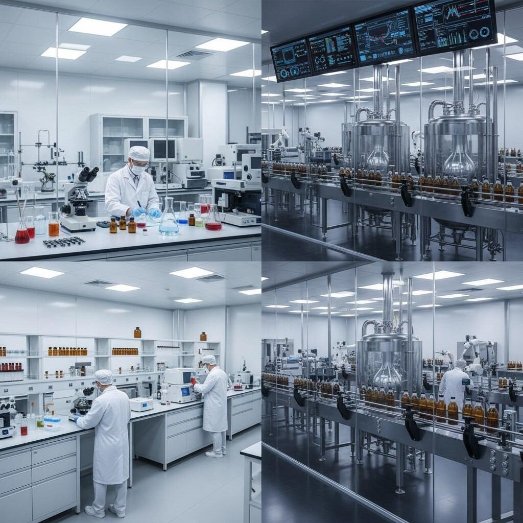  A high-resolution image showcasing a sophisticated flavor ingredient laboratory alongside an advanced production line. The lab features scientists working with precision equipment, while the production area highlights modern machinery and digital monitoring, conveying a strong message of innovation, uncompromised quality, and significant investment in cutting-edge flavor manufacturing processes.
