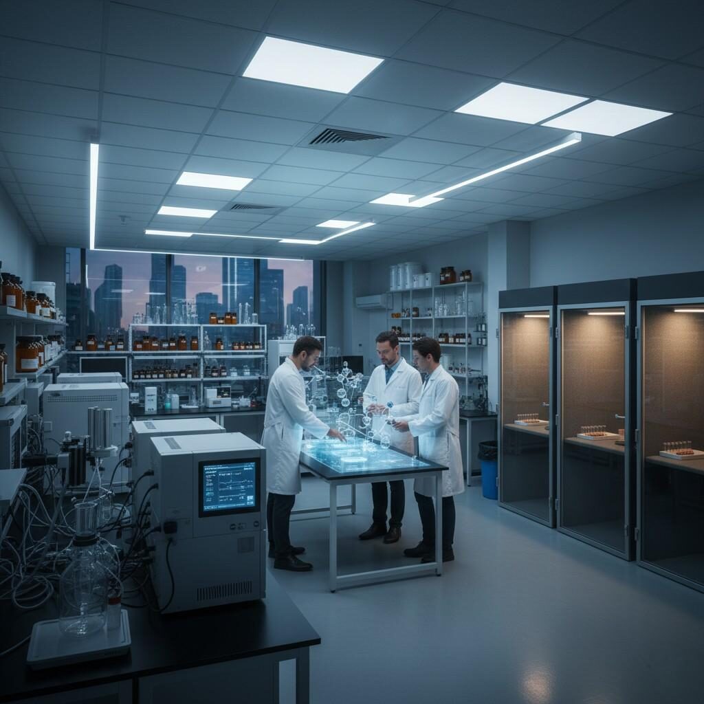  A sleek image of a modern flavor innovation laboratory featuring GC-MS instruments, dedicated sensory booths, and food technologists actively collaborating on advanced formulation design. The cool lighting and high-tech setting convey a cutting-edge scientific atmosphere.