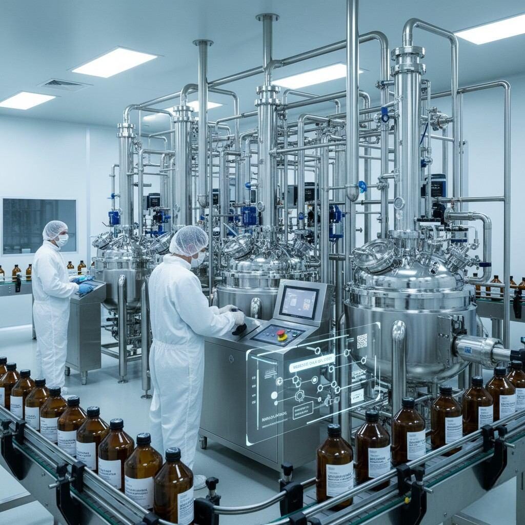 A high-resolution photo of a state-of-the-art flavor manufacturing lab or production line, showcasing advanced stainless steel instrumentation and a clean-room environment. Two technicians in full protective gear operate machinery, with a holographic display illustrating ingredient traceability. Brown bottles move along a conveyor belt, emphasizing precision and quality in food-grade flavoring production.