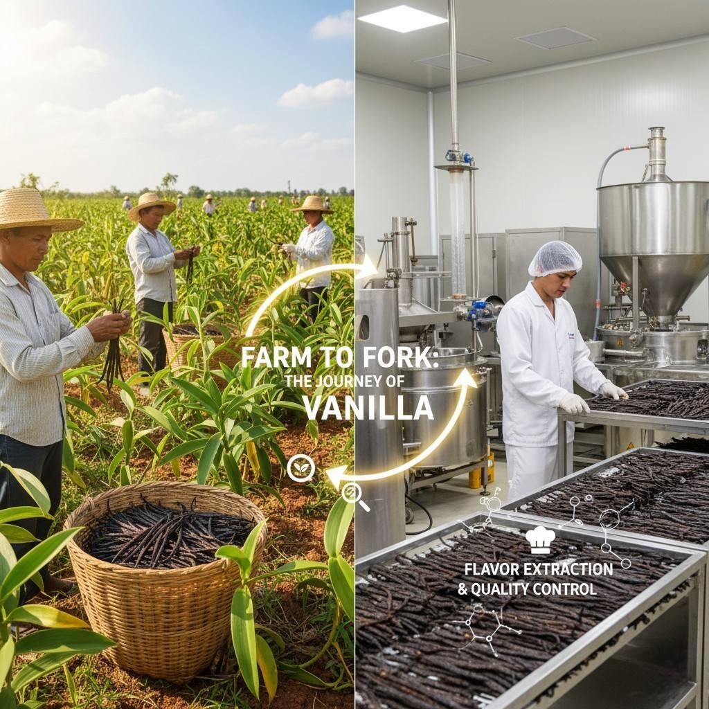  This high-resolution image introduces the "farm to fork" flavor sourcing journey, illustrating the meticulous botanical harvest of crops like vanilla and their subsequent processing in a state-of-the-art facility. It highlights the dedication to natural ingredients and quality every step of the way.