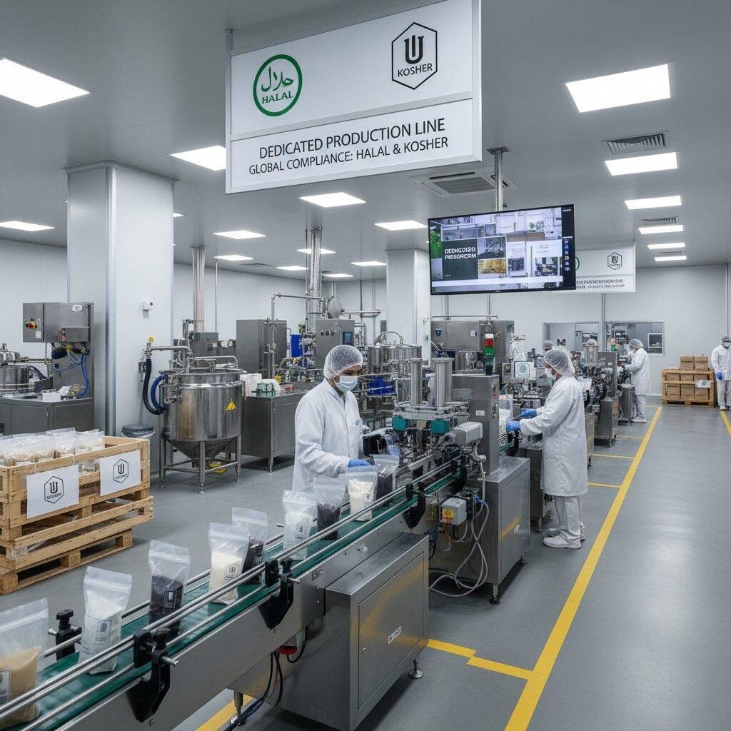 High-resolution image of a modern food and beverage flavor manufacturing facility, featuring a dedicated production line clearly labeled for Halal and Kosher compliance, highlighting the capability to produce flavors for diverse global markets and specific dietary requirements.