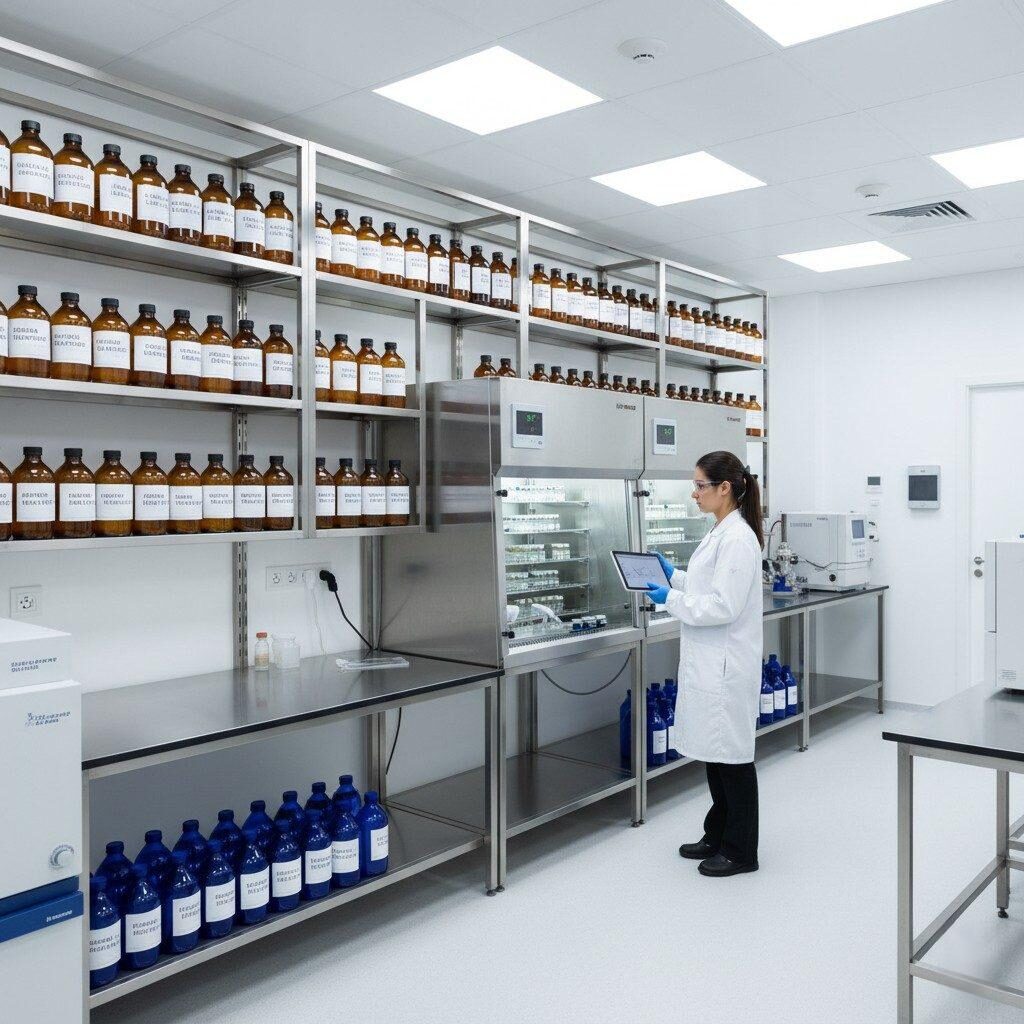 A clean, modern flavor manufacturing laboratory showcases controlled storage of flavor concentrates and an analyst setting up a stability chamber. This image highlights the crucial processes for ensuring the shelf-life and stability of flavor ingredients.