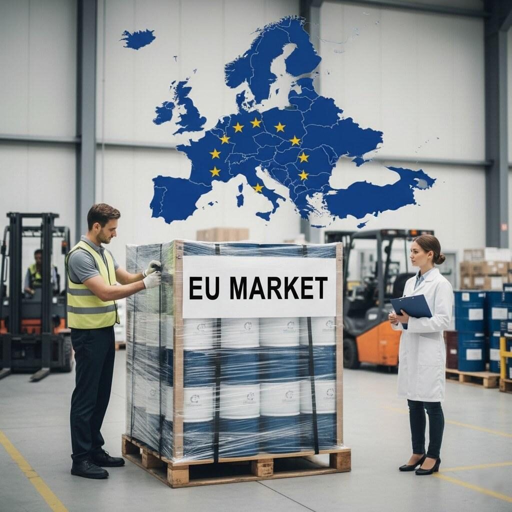 A high-resolution image of a flavor manufacturing facility preparing an export pallet marked "EU Market," featuring a superimposed EU-flag map and visible regulatory documentation. This image effectively introduces the complex topic of flavor regulation and compliance for exports to the European Union.