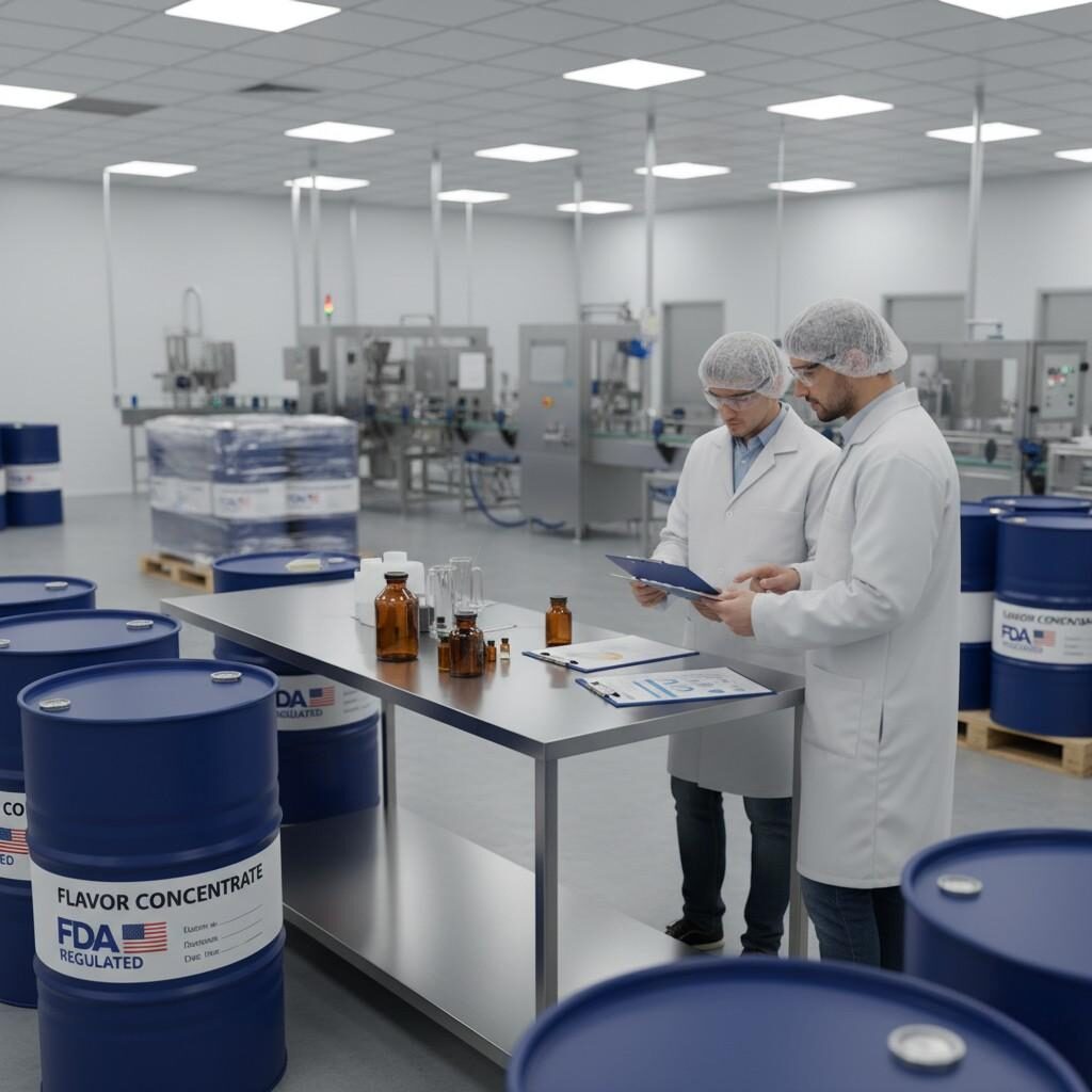 A high-resolution photo of a flavor manufacturing laboratory or production line, featuring flavor concentrates in drums and analysts reviewing documentation with visible "FDA Regulated" symbols. This image effectively sets the scene for understanding the critical aspects of FDA flavor compliance in the food and beverage industry.