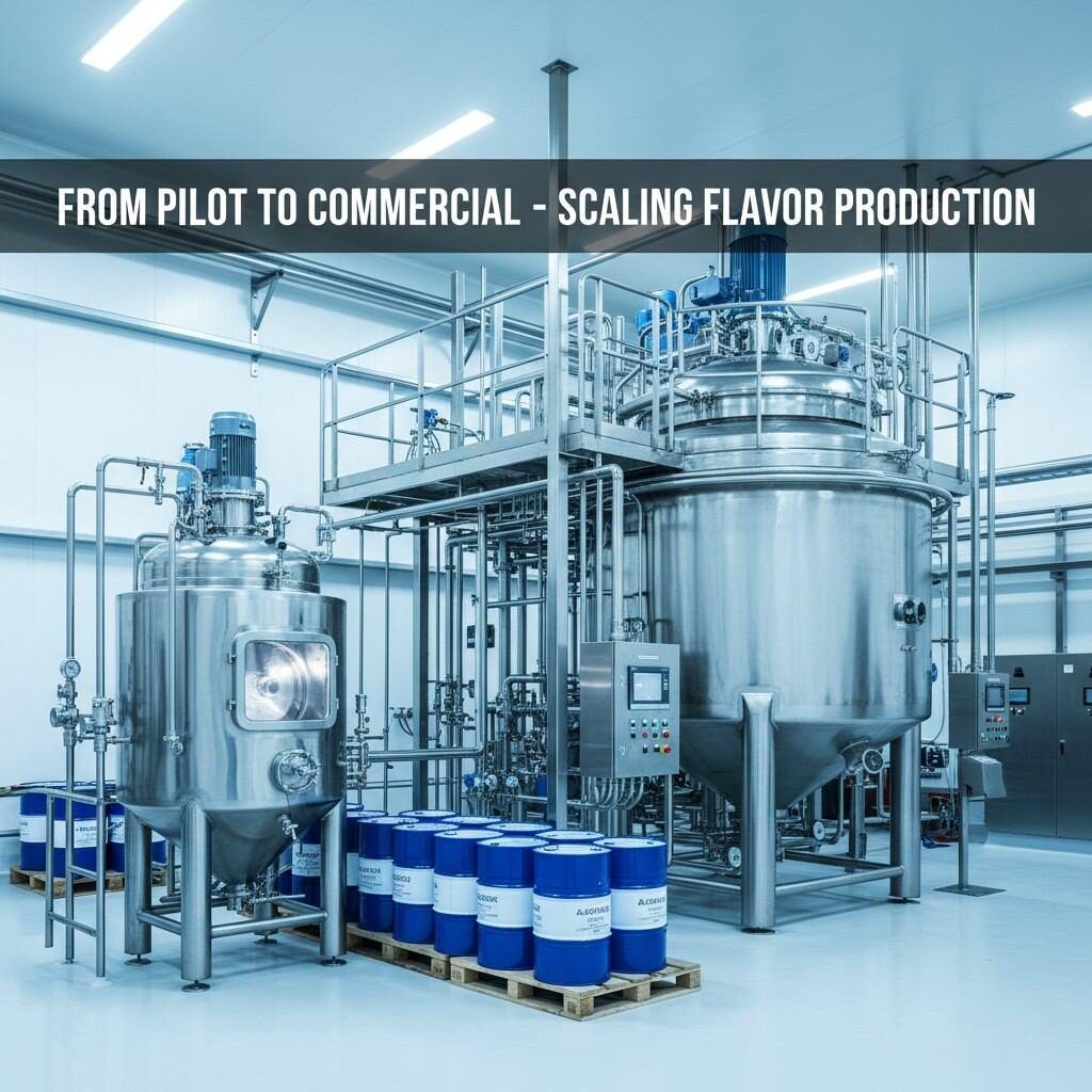 Discover the seamless transition from pilot to commercial flavor production with this high-resolution image showcasing advanced industrial mixing vessels. Featuring a pilot tank alongside a full-scale commercial mixer and aroma concentrate drums, this visual highlights efficient scaling of flavor manufacturing in a clean, corporate setting.