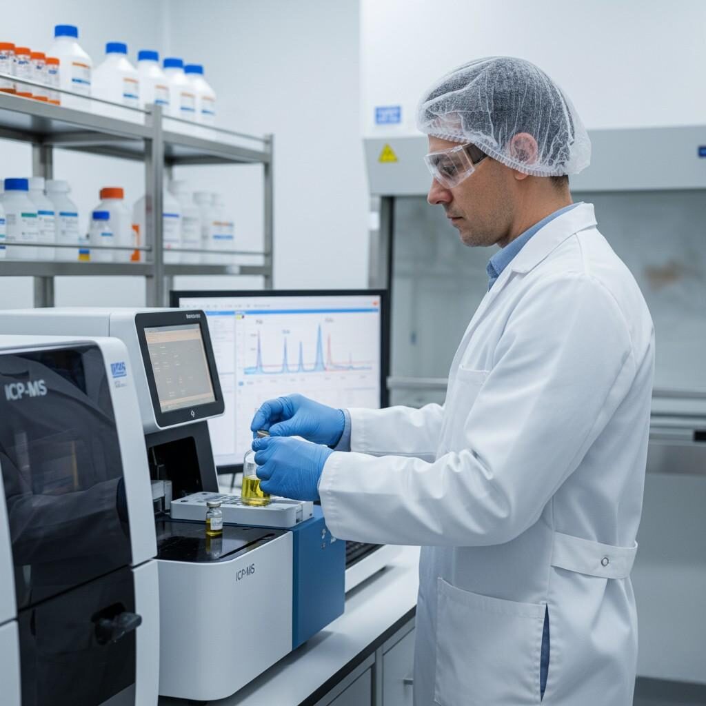 An analytical chemist in a pristine laboratory environment, wearing protective gear, operating an ICP-MS instrument. The chemist is meticulously testing essential oil samples for harmful heavy metals like lead and cadmium, ensuring product safety and quality.