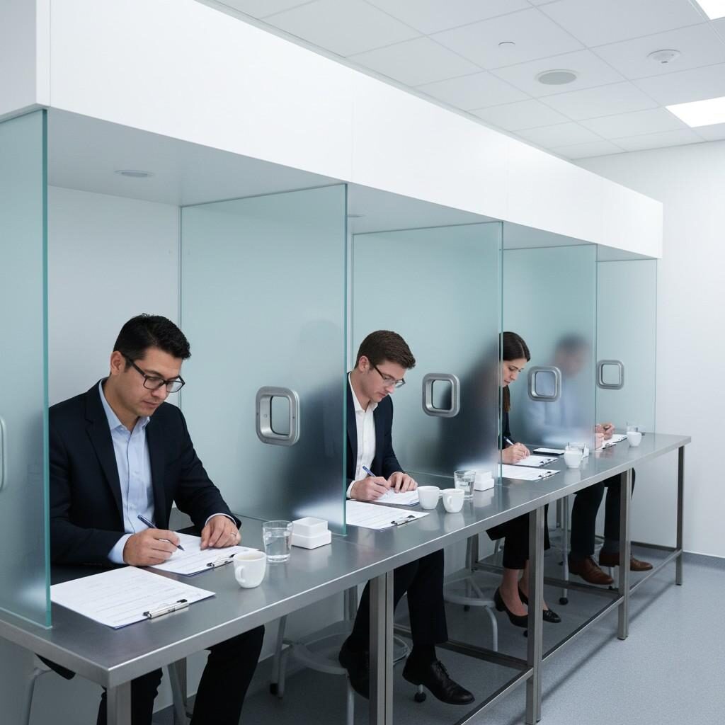 An image of a controlled sensory evaluation room where trained panelists meticulously score flavor intensity, aroma persistence, sweetness balance, and overall liking using standardized sensory sheets in individual booths, ensuring objective and consistent product assessment.