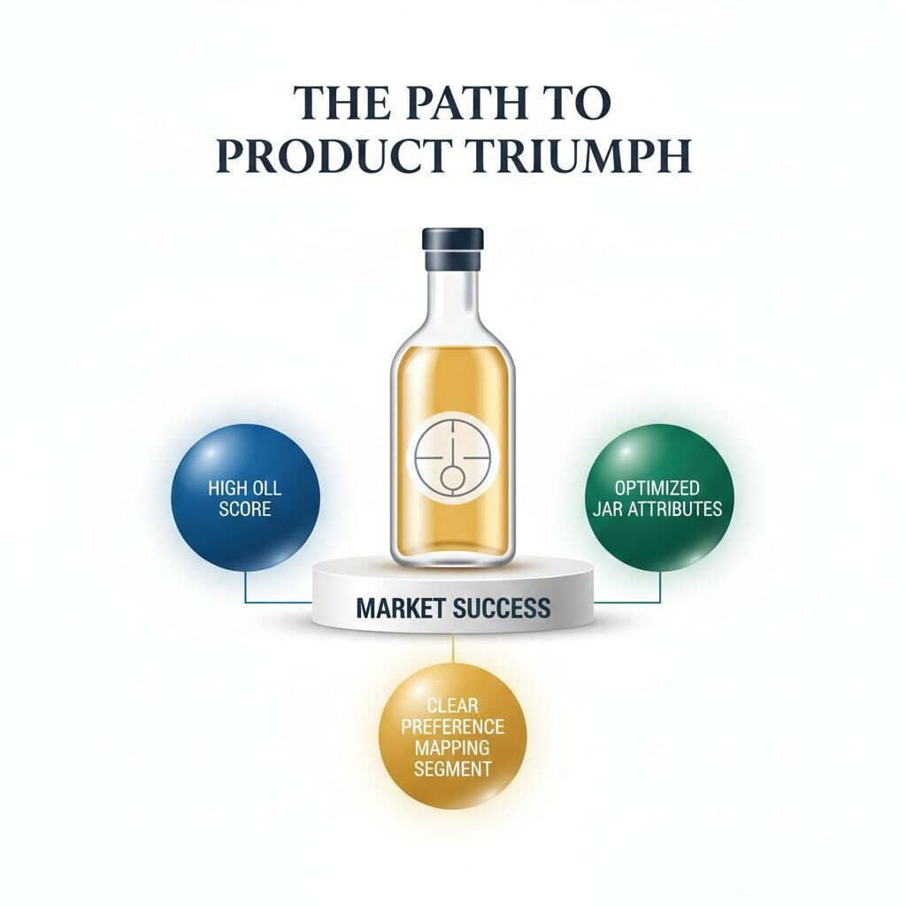  This conceptual graphic illustrates "The Path to Product Triumph," showcasing a successful product on a "Market Success" pedestal. It highlights the three crucial data points that lead to market success: a "High OLL Score" (Overall Liking), "Optimized JAR Attributes" (Just About Right), and "Clear Preference Mapping Segment." This infographic emphasizes how these key insights drive successful product development and market performance.