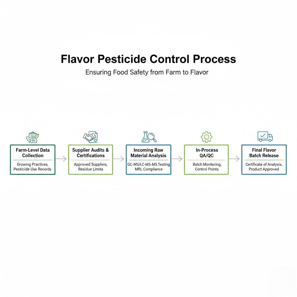 A clear flow diagram illustrating the comprehensive pesticide control process for flavors. It outlines key stages from farm-level data collection and supplier audits to incoming raw material analysis, in-process quality control, and final flavor batch release, emphasizing food safety from farm to flavor.