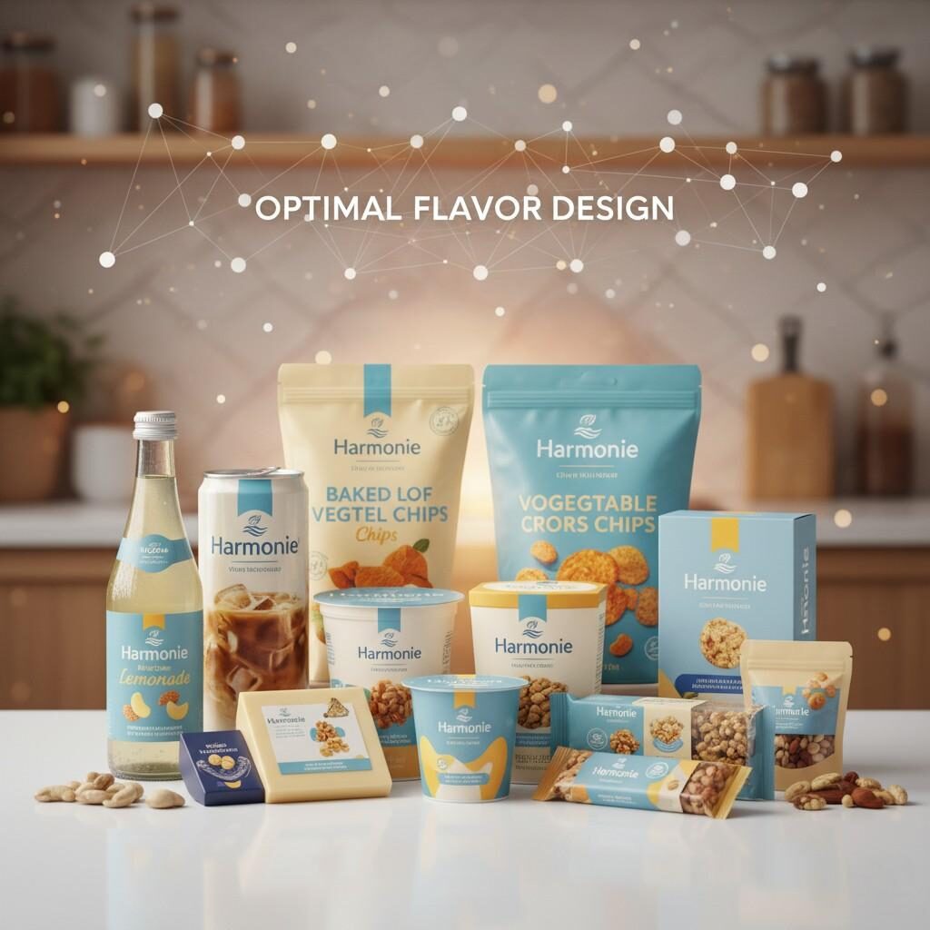 A visually appealing lineup of various food products—beverages, dairy, and snacks—all featuring consistent and appealing branding. This image symbolizes the strong consumer satisfaction and trust that can be built through optimal flavor design and cohesive brand presentation across a diverse product range.