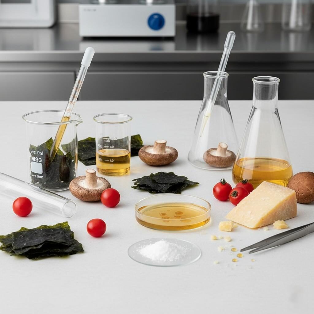 A clean and modern photographic composition showcasing the harmonious fusion of science and nature. Natural umami ingredients like mushrooms, kombu, tomatoes, and aged cheese are artfully arranged alongside scientific laboratory glassware, symbolizing the precise and innovative approach to understanding and enhancing flavor. Ideal for food science publications, culinary innovation, and modern food branding.