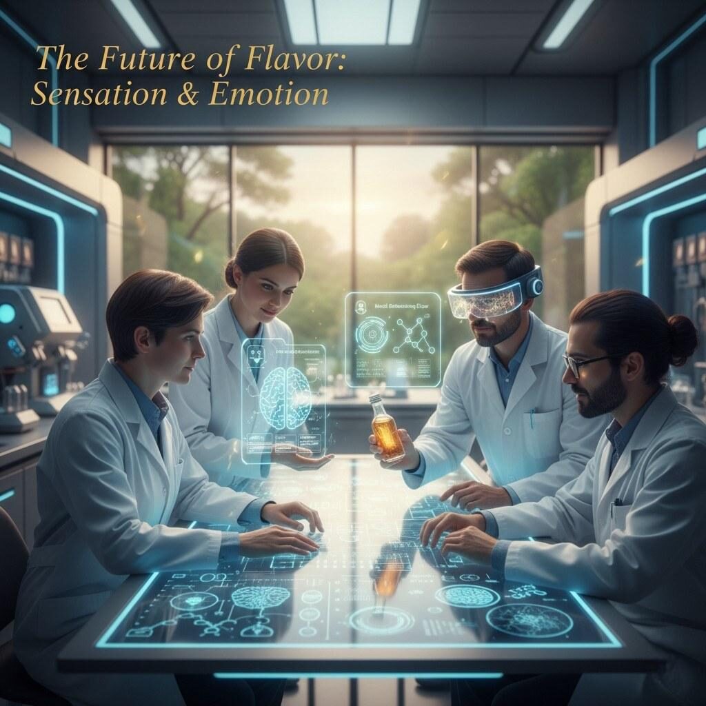 A futuristic visualization of a flavor laboratory utilizing Artificial Intelligence and data analytics. This represents the next generation of flavor manufacturing, focusing on hyper-personalized taste experiences and mood-enhancing ingredients. 