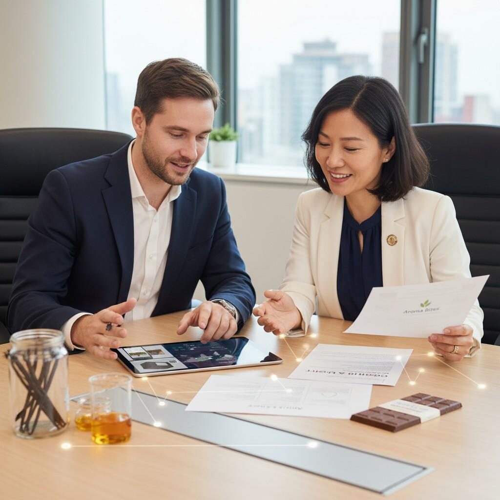 This image captures a flavor supplier and an F&B brand representative collaborating over traceability data, symbolizing the strong trust fostered by full supply chain transparency. It highlights the importance of shared data and origin documentation in building robust and reliable partnerships within the food and beverage industry.