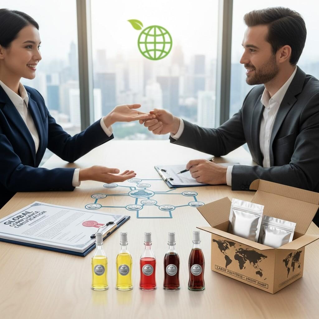 A professionally staged image depicting a flavor supplier and a global beverage brand representative reviewing certified flavor modules, certification documents, and export packaging, symbolizing a strong partnership, commitment to compliance, and strategic market expansion in the food and beverage industry.
