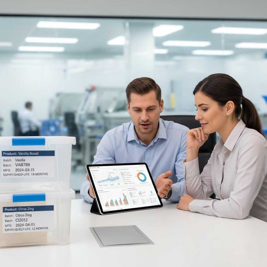 A professional image showing a flavor supplier and a food & beverage brand representative collaboratively reviewing shelf-life stability data on a tablet, with production bins clearly labeled with expiry dates. This image symbolizes transparency, collaboration, and mutual assurance of product freshness and quality.