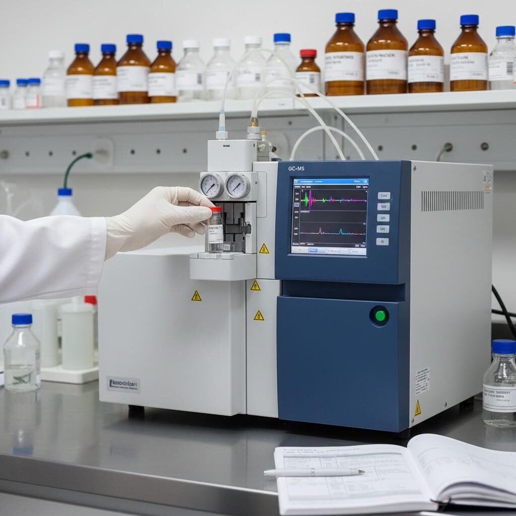 Четкое и яркое изображение демонстрирует высокотехнологичную лабораторную обстановку, фокусируясь на блоке ГХ-МС, когда рука в перчатке вставляет пробирку с образцом. Фон, наполненный химическими стандартами и документацией, подчеркивает строгий процесс аналитической проверки.