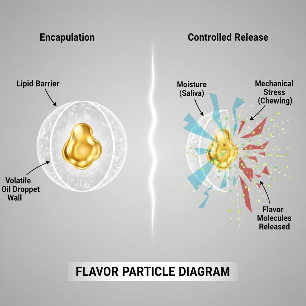 Diagrama estilizado que ilustra una partícula de sabor. Muestra aceite volátil encapsulado por una pared de carbohidratos y su liberación controlada a través de la humedad y el estrés mecánico. Identifica "barrera lipídica