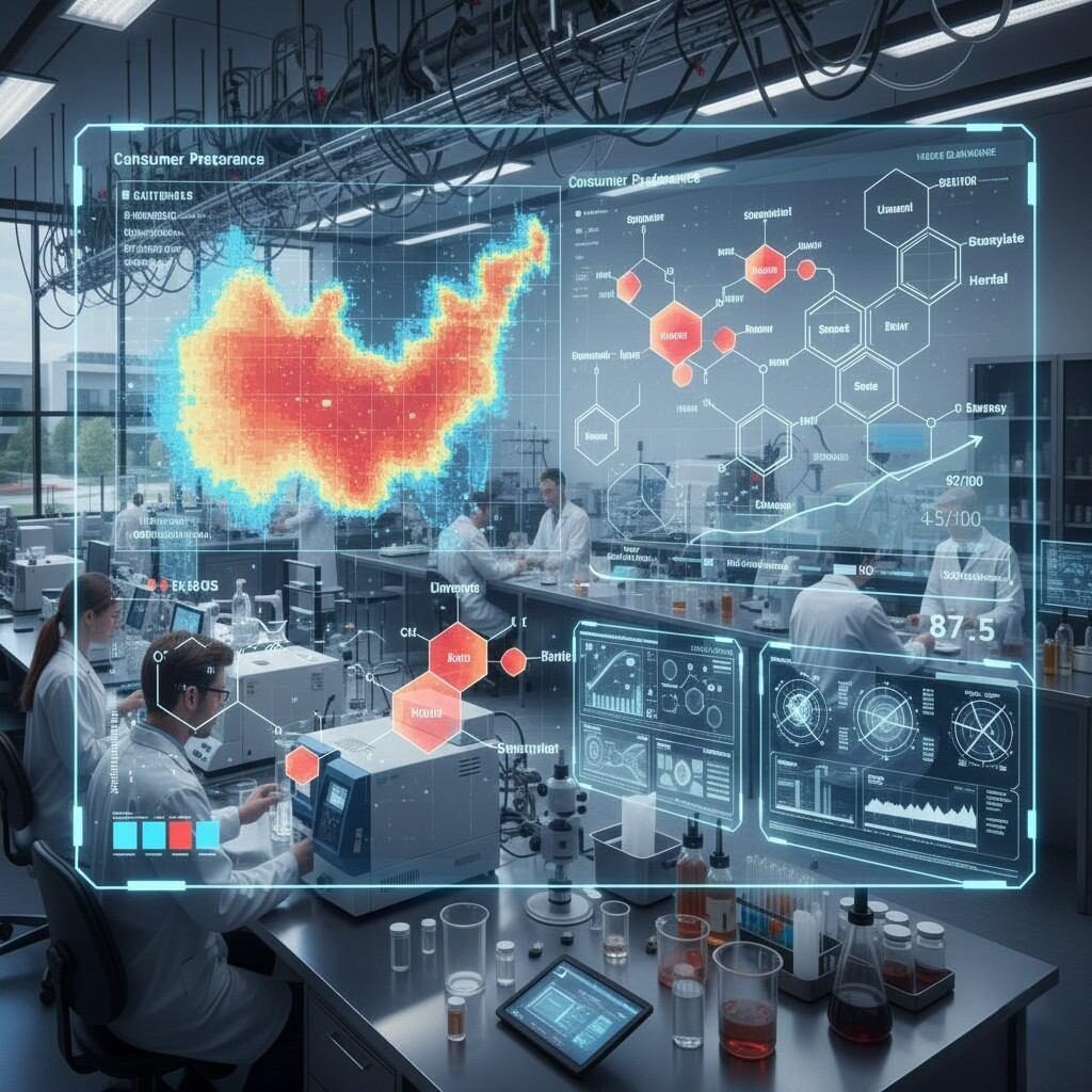 高科技风味研发仪表板可视化，包含化学风味化合物的实时数据、消费者偏好热图和预测趋势评分，以指导食品和饮料创新