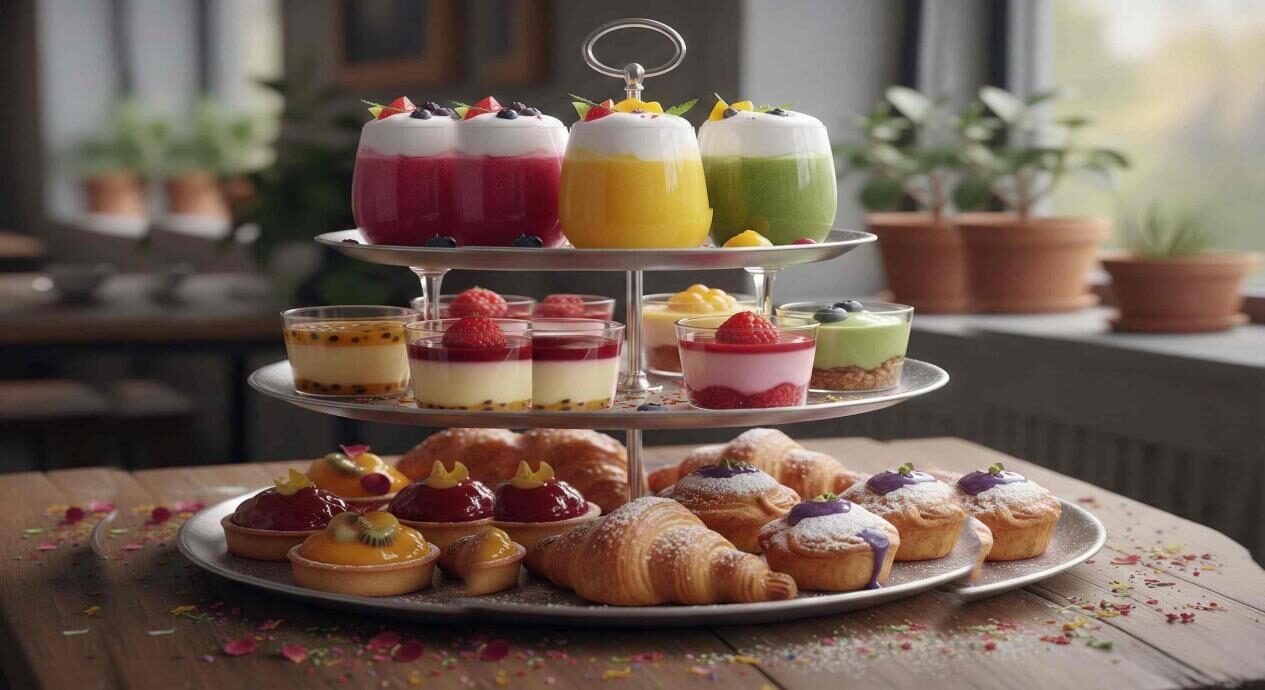 视觉上引人注目、适合 Instagram 的分层饮料和甜点系列,具有独特的风味层次、生动的天然颜料渐变和美丽的光泽表面。此图像非常适合咖啡馆特色、热门美食帖子以及展示色彩缤纷、精致的糖果。