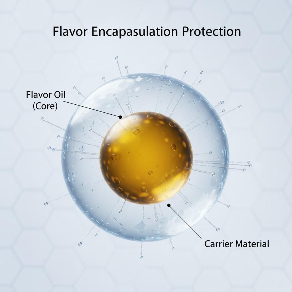 这个概念性的彩色图像提供了高度放大的风味微胶囊的横截面。深绿色/黄色的“风味油”核心被光滑、半透明的“载体材料”壁完美包裹，体现了先进风味封装保护的概念。