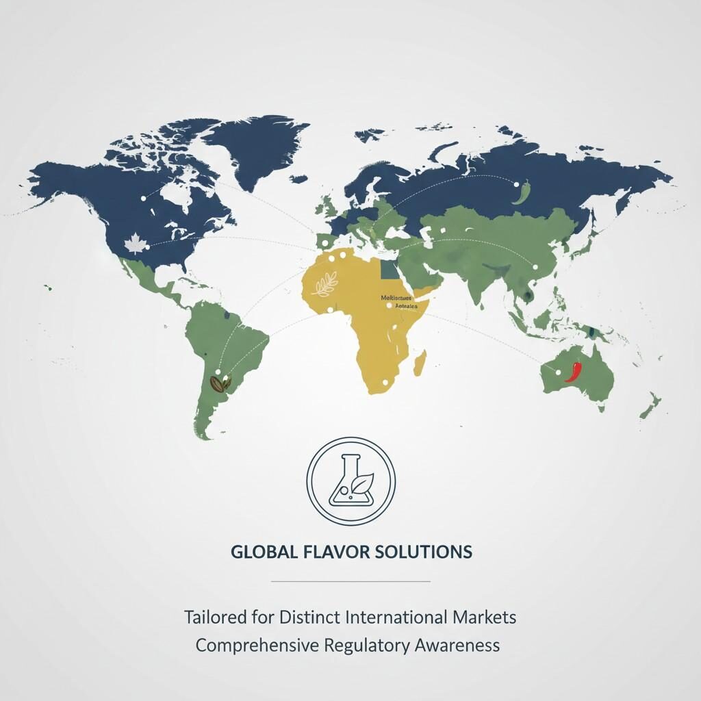 Une carte du monde stylisée et minimaliste mettant en évidence diverses régions avec des icônes de saveurs spécifiques (par exemple, olive pour la Méditerranée, piment pour l'Asie) reliées à une icône de laboratoire central, symbolisant la conscience réglementaire mondiale d'une maison d'arômes et sa capacité à adapter les arômes à des marchés internationaux distincts.