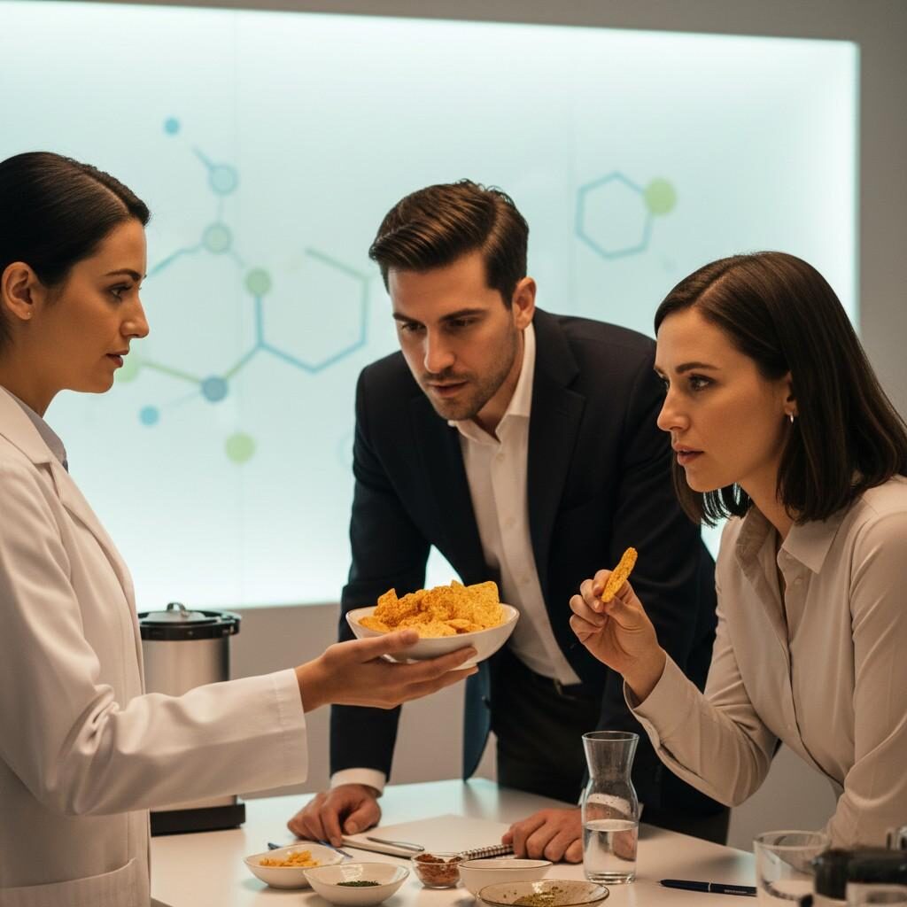 Imagen profesional y colaborativa que muestra a un saborista presentando un nuevo prototipo de snack a los clientes en una moderna sala de degustación. Se centra en la innovación y la asociación en la ciencia de los alimentos.