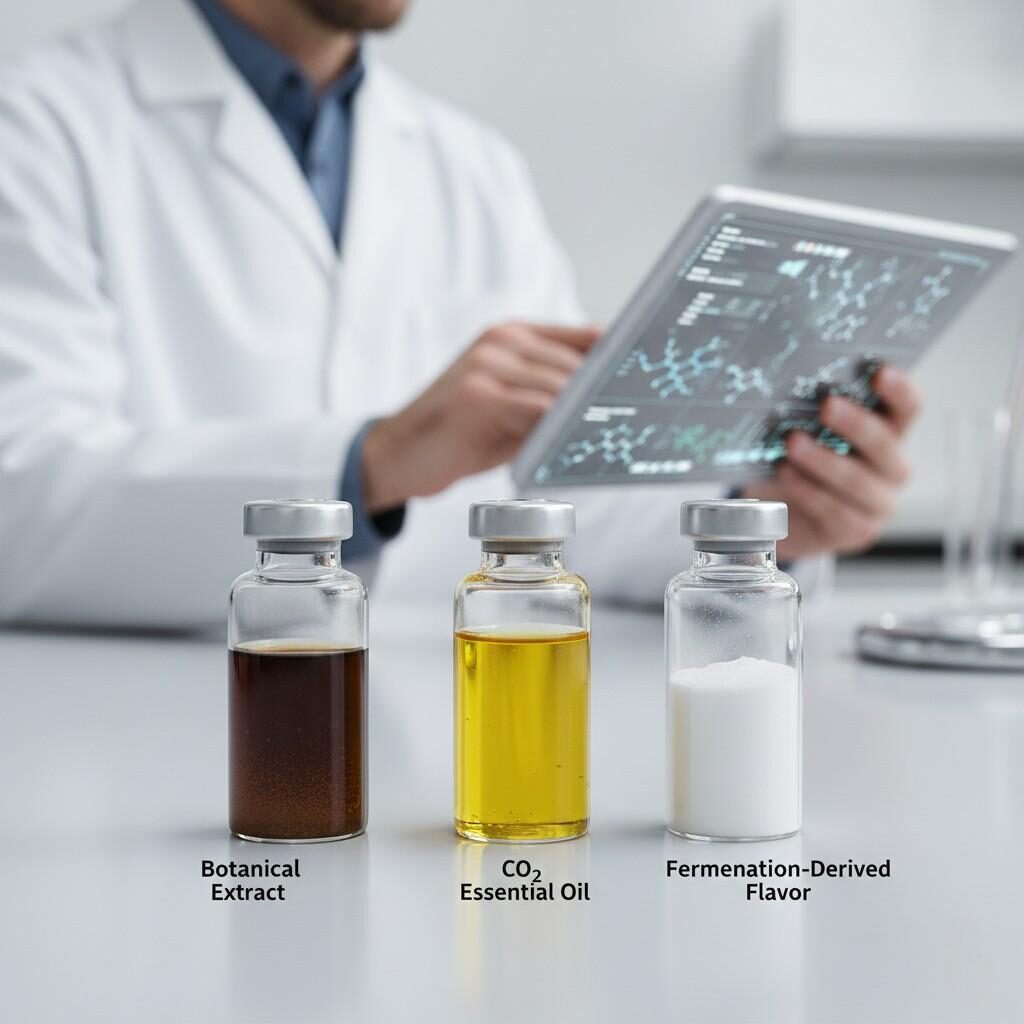 Image de laboratoire épurée et moderne montrant trois composants aromatiques : un extrait botanique, une huile essentielle extraite au CO₂ et une poudre dérivée de la fermentation. Symbolise le mélange de la nature et de la technologie des arômes